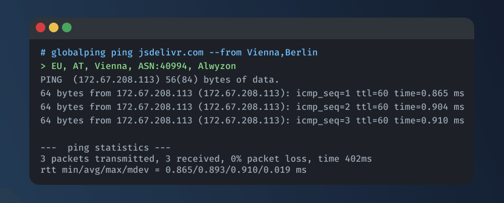 A ping result sent from a Globalping probe in Vienna to jsdelivr.com.