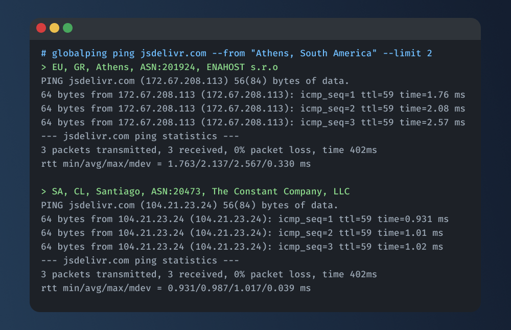 An example ping to two probes using the Globalping CLI tool.