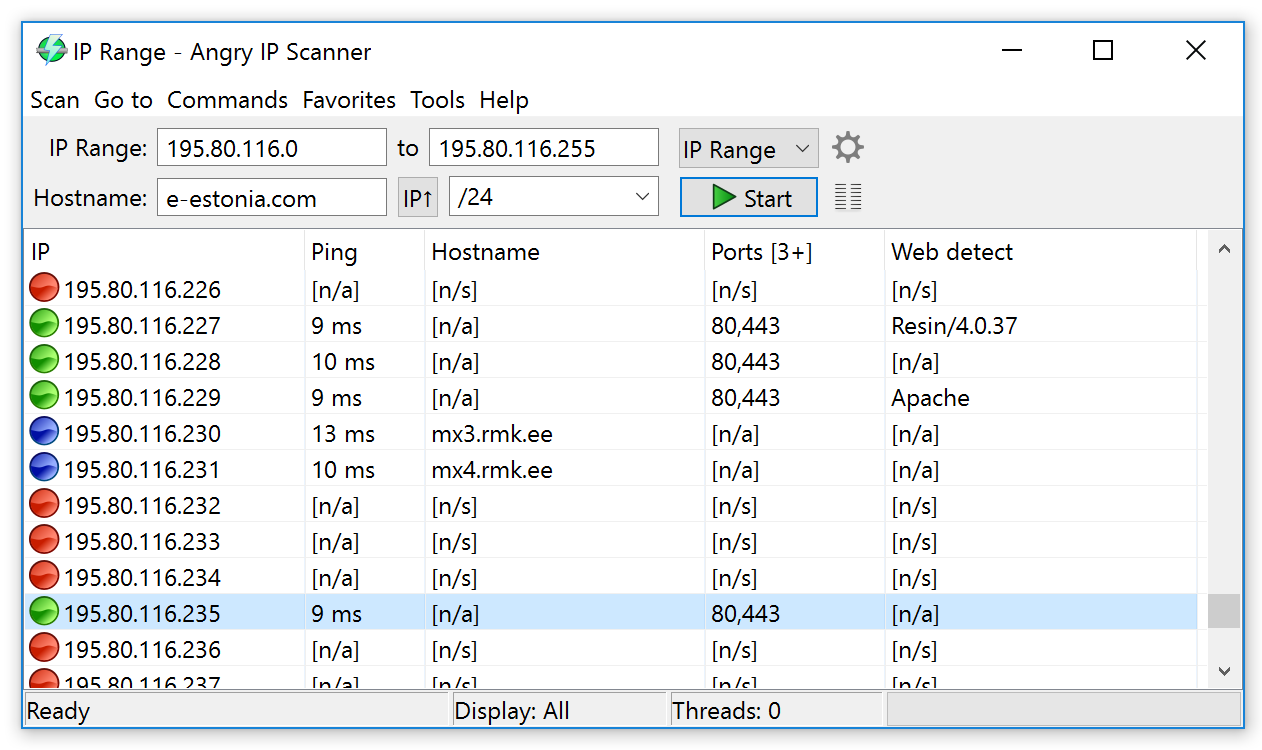 A screenshot of the Angry IP Scanner tool's user interface.