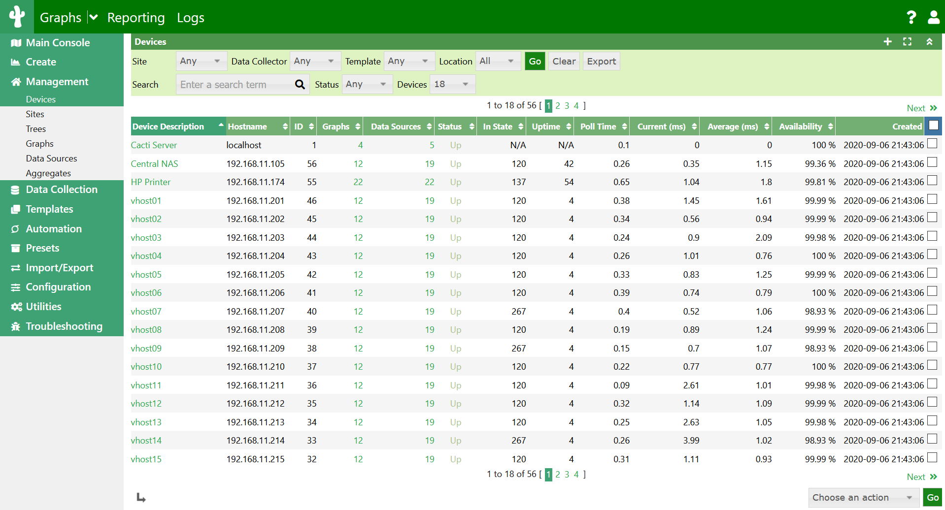 Shows a table with collected data in the Cacti UI.