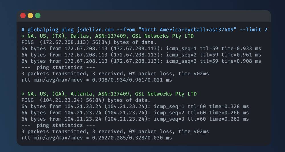 An example ping to two probes using the Globalping CLI tool.