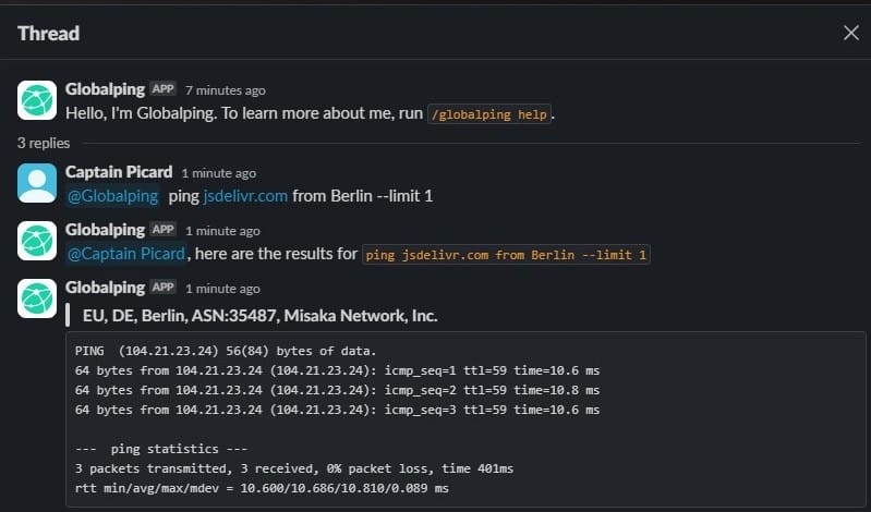 Mention the Globalping bot with @Globalping in Threads to use it.