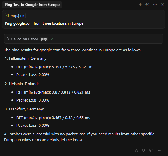 Run a test measurement in Cursor to make sure it uses the Globalping MCP Server.