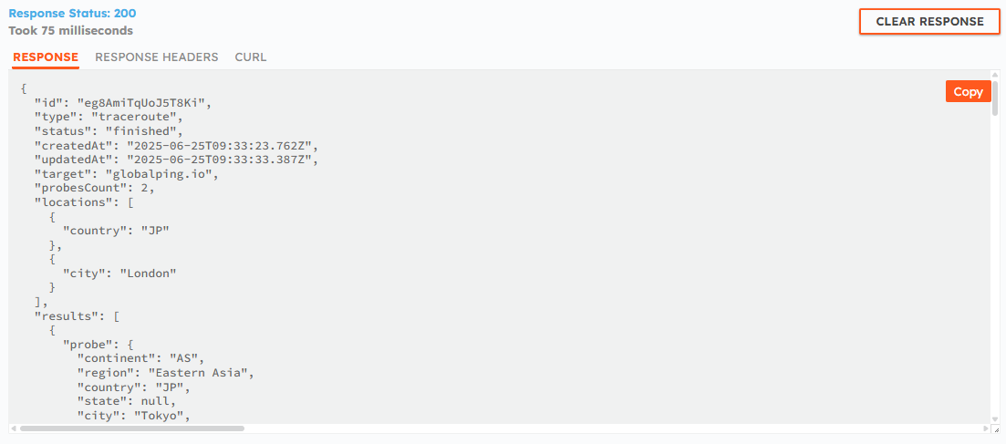 You can find information about the probes and the traceroute results in the API's response.