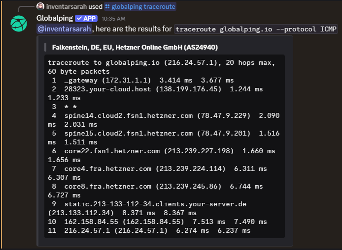 The result of the created traceroute test, directly printed into the Discord channel.