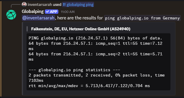 And here's Globalping's result, printed directly in the Discord chat where we created the test.