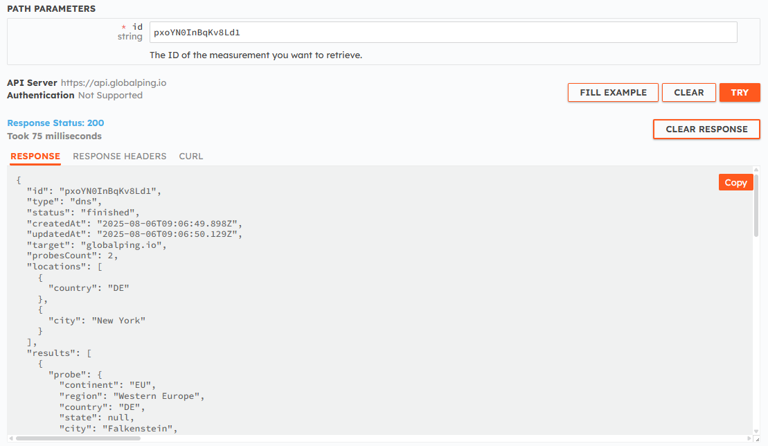 Run DNS lookup (dig) with HTTP using the Globalping API