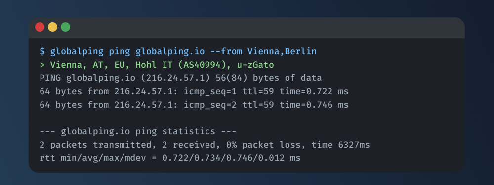 An example response showing a successful ping with Globalping.