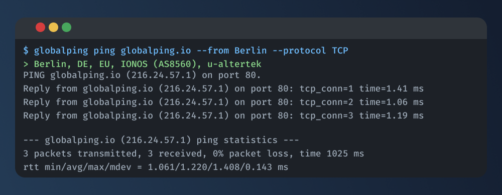 The result of using Globalping to run ping with TCP on port 80.