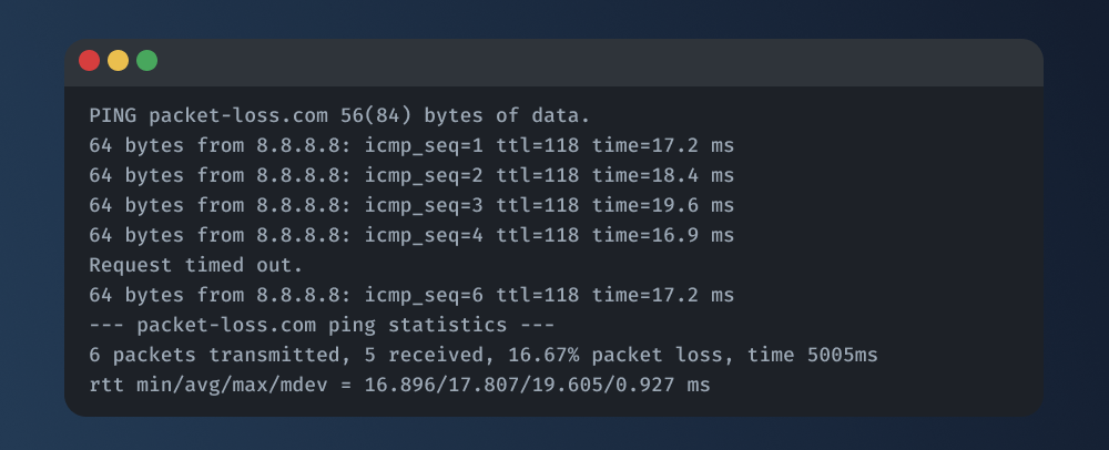 An example ping result with 16.67% packet loss.