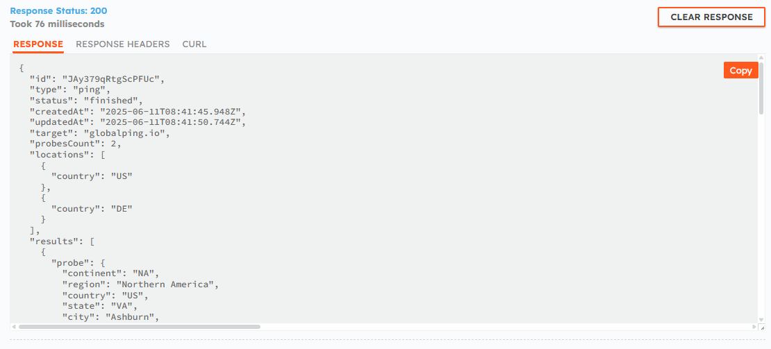 Measurement results come back as JSON, containing info about used probes and their ping results.