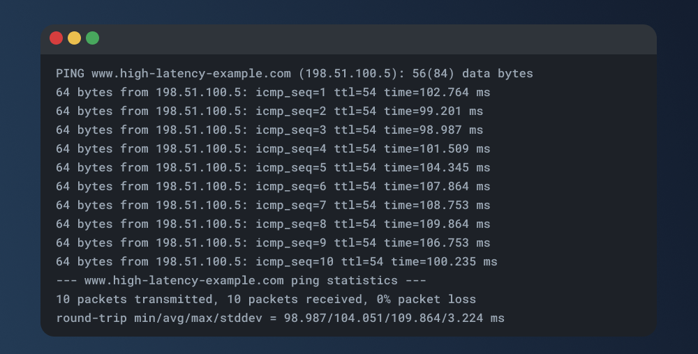 An example ping result sowing unusually high latency.