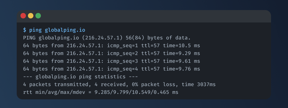 Example ping result to globalping.io, which we'll use to explain how to read ping results.