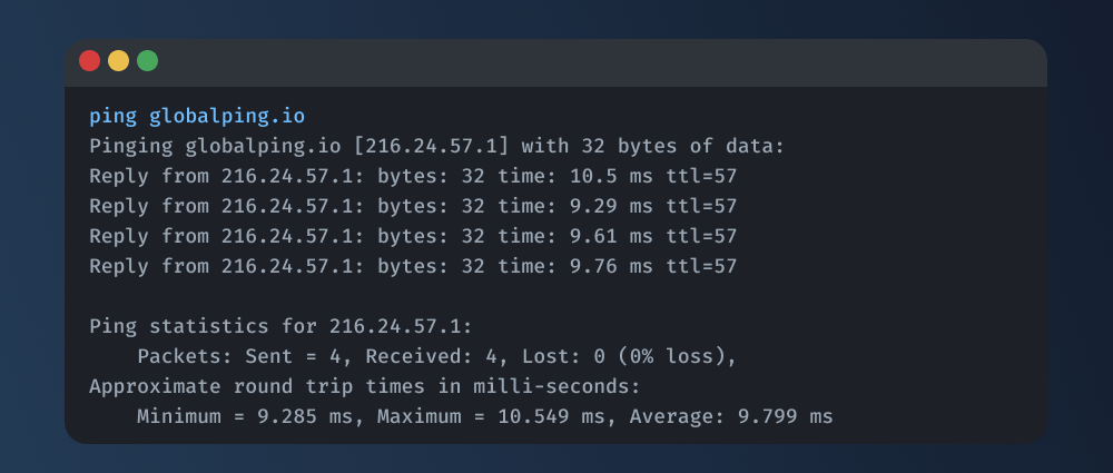 An example showing the result of running ping on Windows.