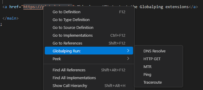 Highlight and right-click any target in your files to run a Globalping test.