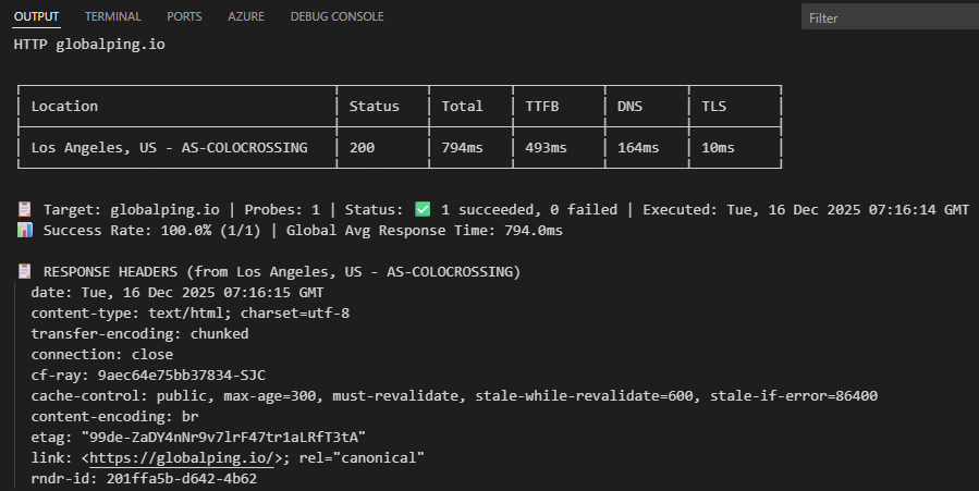 An example showing the results of a HTTP test from a probe in the US.