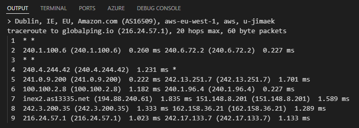 An example showing the results of a traceroute test with raw results formatting enabled.