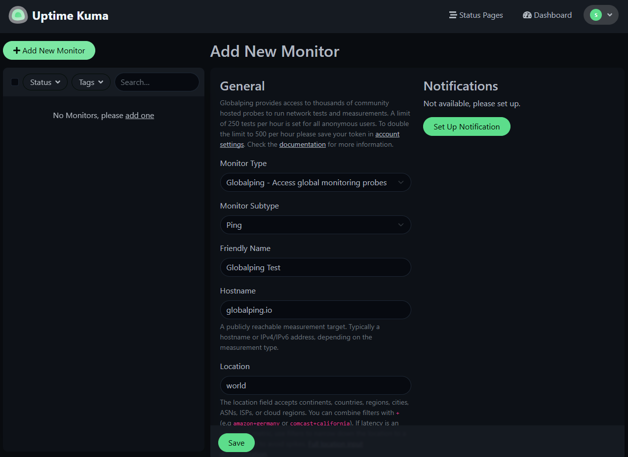 Fill out the form to configure options specific to Uptime Kuma and Globalping.