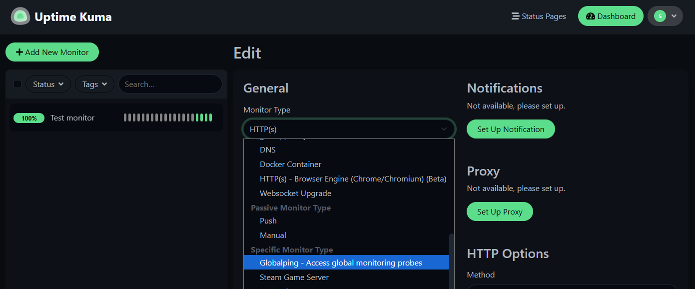 Pick "Globalping" from the "monitor type" dropdown.