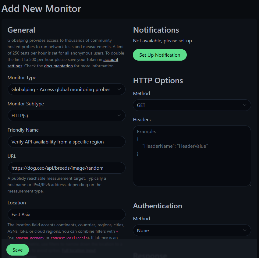 We set up a monitor to check an API via Globalping's HTTP test from East Asia.