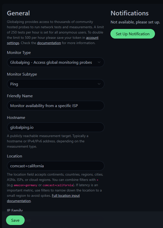 In this example we want to run ping from a probe in the Comcas network in California.