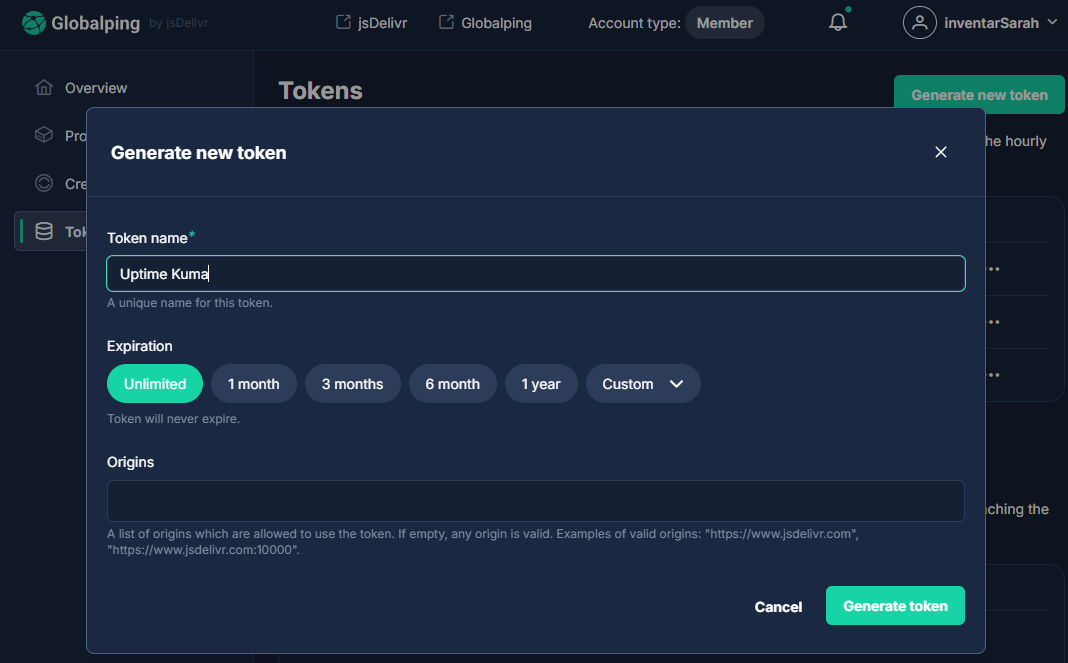 Generate an API token in the Globalping Dashboard, add it to your Uptime Kuma, and unlock increased API rate limits.