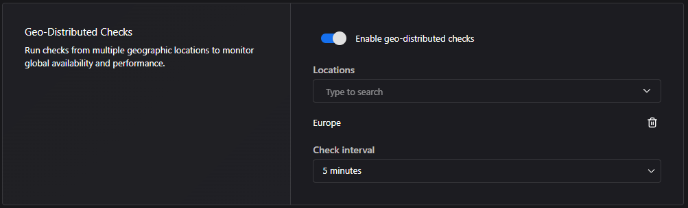 After enabling geo-distributed checks, you can pick locations to test from as well as the check interval.