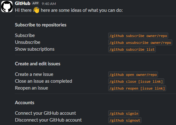 The GitHub Slack app provides 8 slash commands.