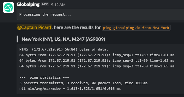 Globalping Slack app prints test results directly into Slack.