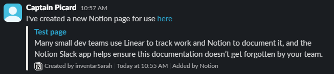 An example of how the preview of a Notion link posted into Slack looks like.