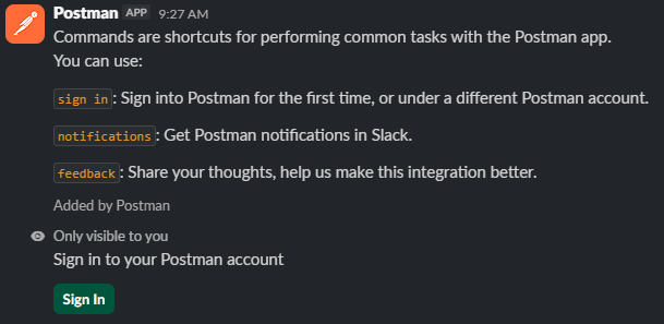 The Postman Slack app lists the available commands in chat.