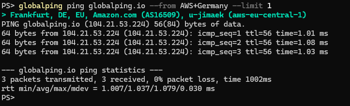 Quickly run tests from any location using the Globalping CLI.