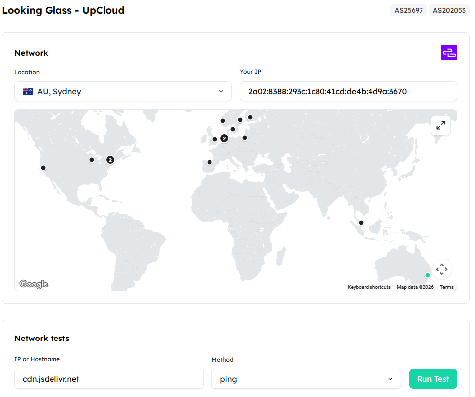 All of Globalping's looking glass pages provide you with a map view of all available probes and a test interface.