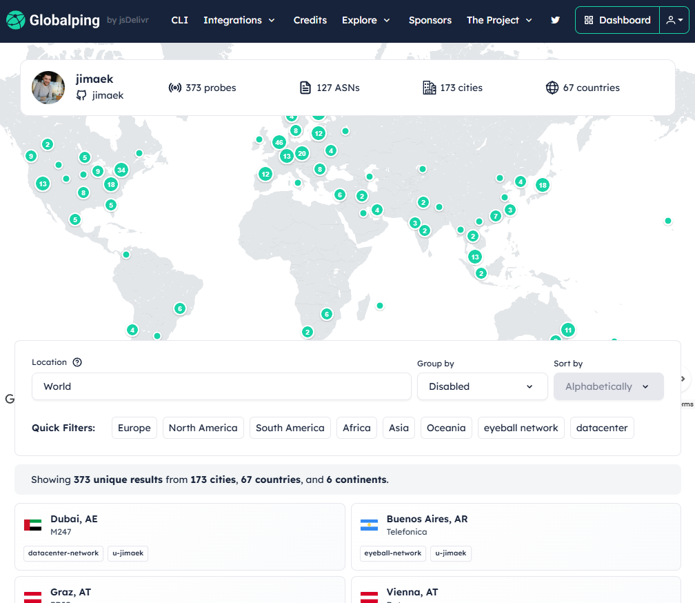 The public profile page shows all your probes and where they are located.