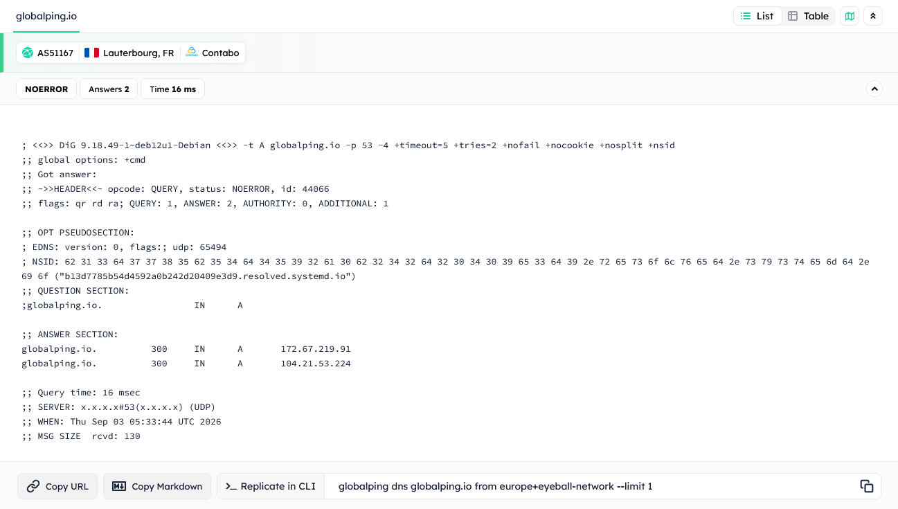 The result returned by the Globalping DNS test is structured like a dig result.